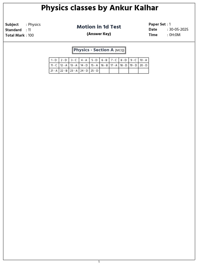 Motion in 1d Test 1748603188 | PDF | Kinetic Energy | Velocity