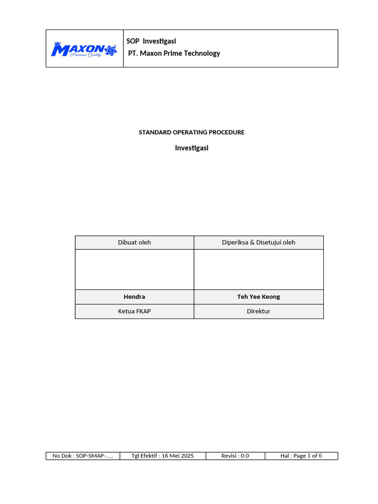 SOP Investigasi PT Maxon Prime Technology | PDF