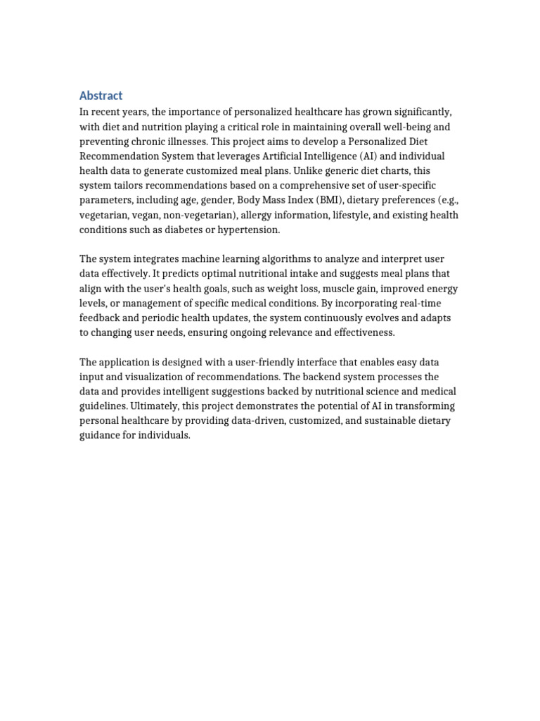 Personalized Diet Recommendation Abstract | PDF