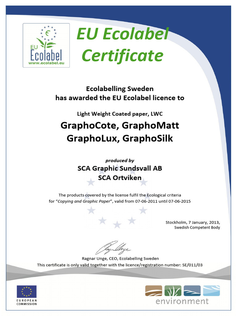 EU Ecolabel Certificate - SCA | PDF