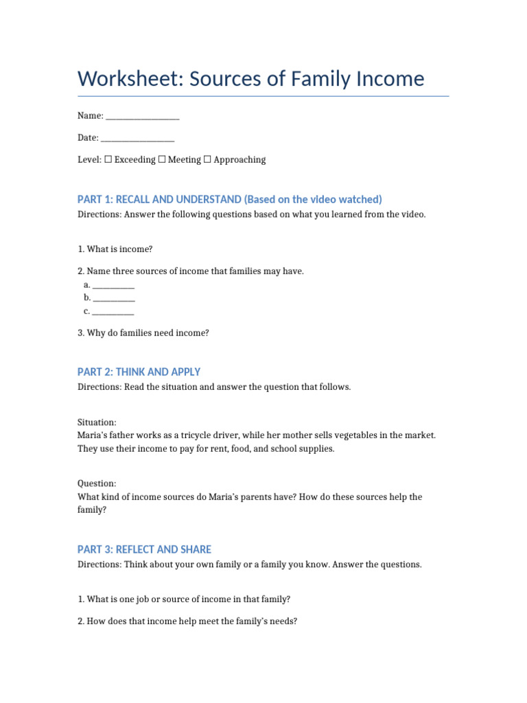 Family Income Sources Worksheet | PDF