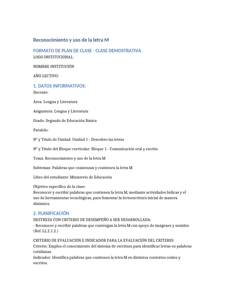 Plan de Clase 2 | PDF | Escritura | Educación primaria