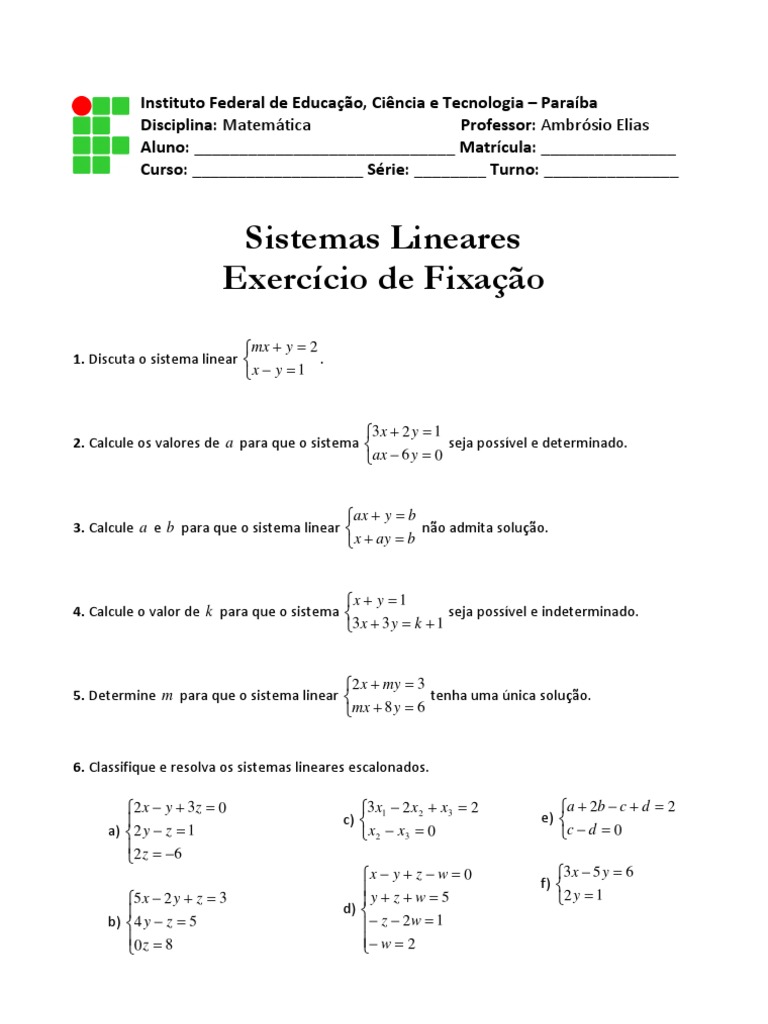 Exercícios Sistemas-Lineares | PDF | Sistema de equações lineares ...