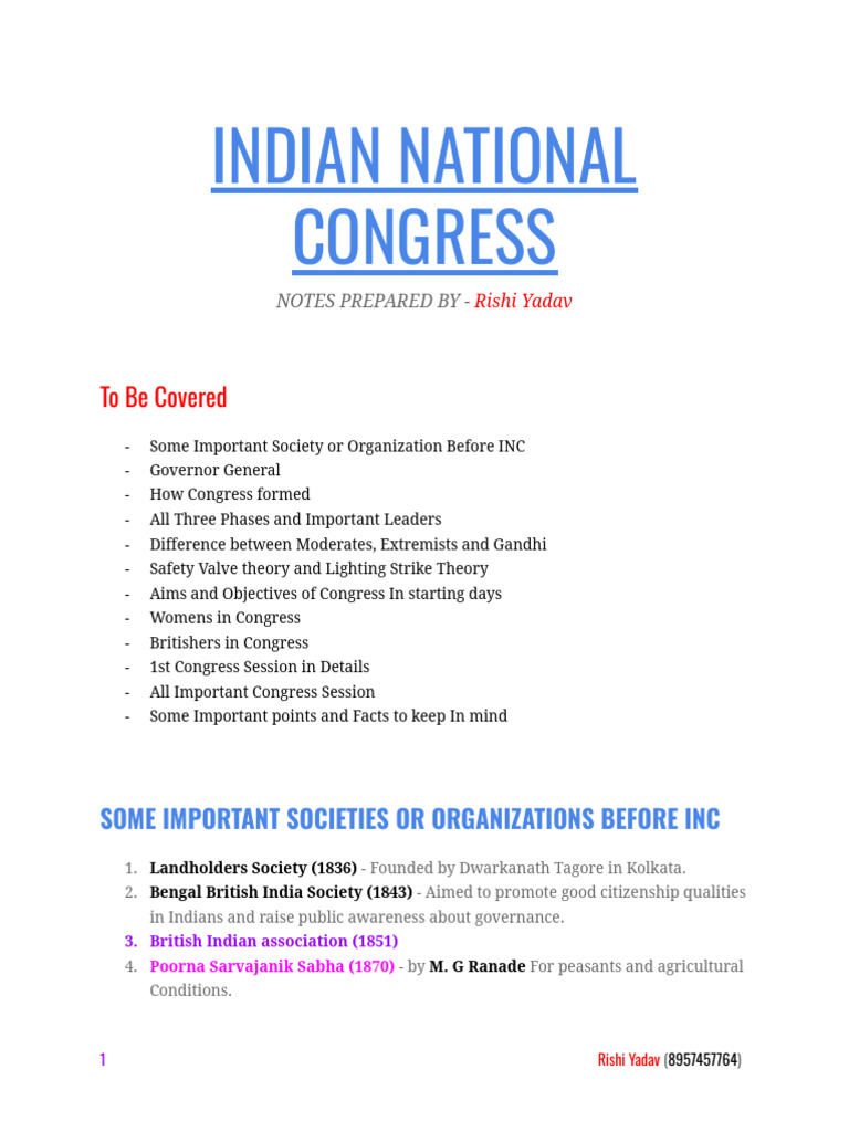 Topic 5 Indian National Congress (Modern Indian History) | PDF | Indian ...