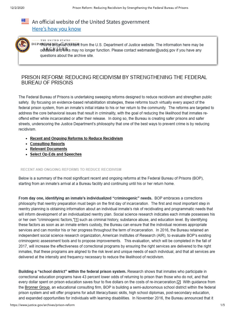 Prison Reform Reducing Recidivism by Strengthening The Federal Bureau