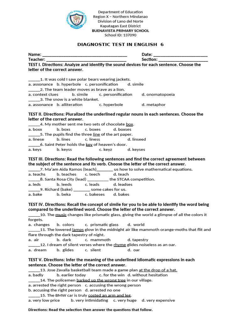 Diagnostic Test - English 6 | PDF | Linguistics | Linguistic Morphology