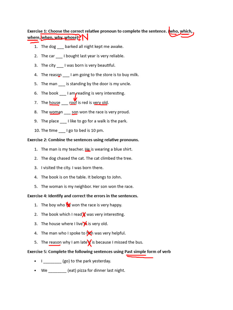Relative Pronouns and Past Tense Exercises | PDF | Linguistic ...