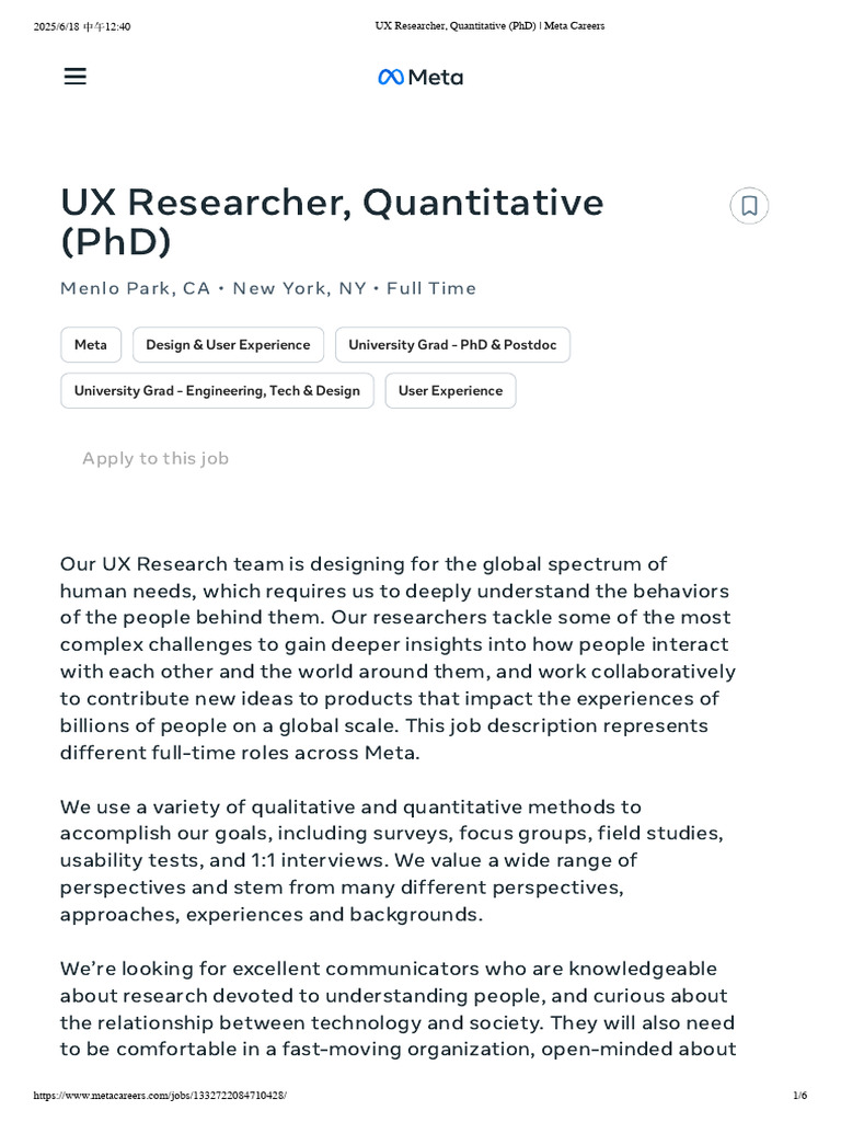 UX Researcher, Quantitative (PHD) - Meta Careers | PDF | Disability ...
