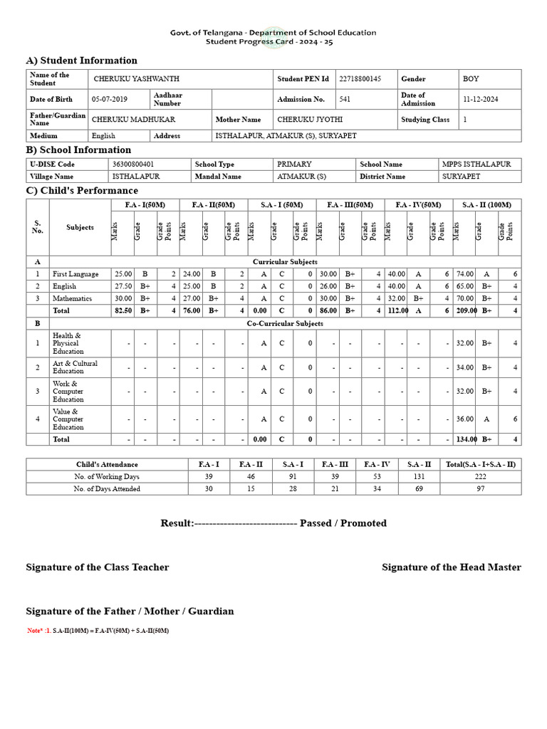 Student Performance Reports for Class 1 | PDF