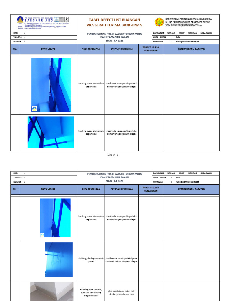 Defect List Pembangunan Laboratorium | PDF