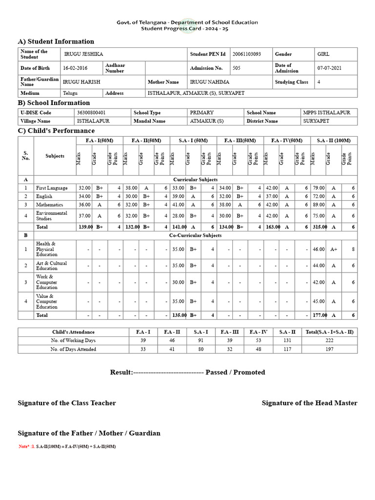 Class 4 Student Performance Report | PDF
