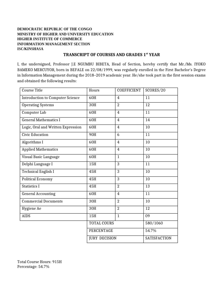 1st Year Transcript: Information Management | PDF