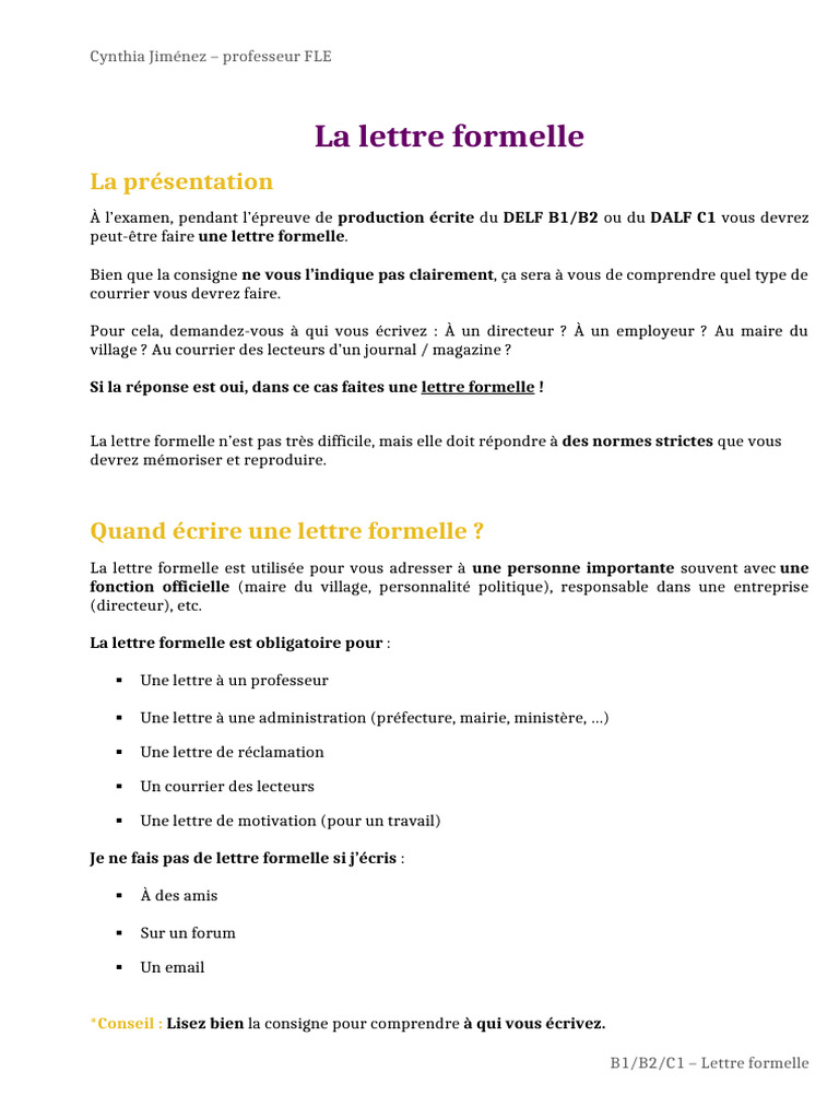 Rédiger une lettre formelle pour le DELF | PDF
