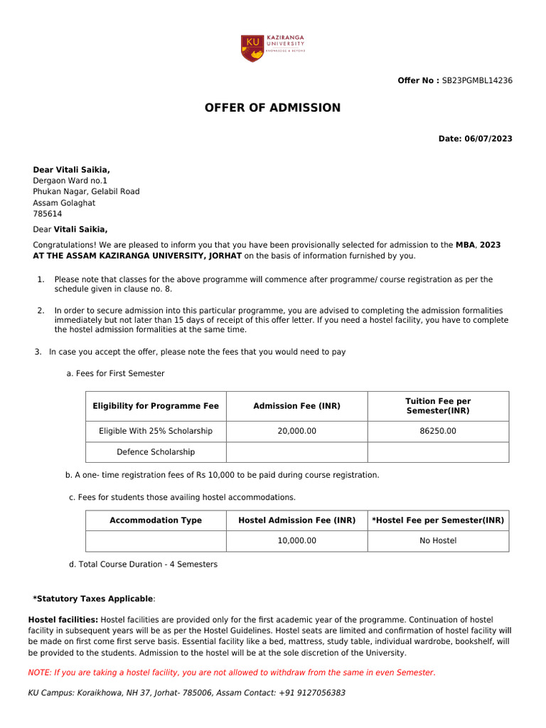 Offer Letter SB23PGMBL14236 | PDF | Affidavit