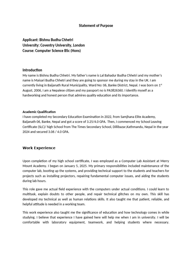 Statement of Purpose for Computer Science BSc | PDF | Science ...
