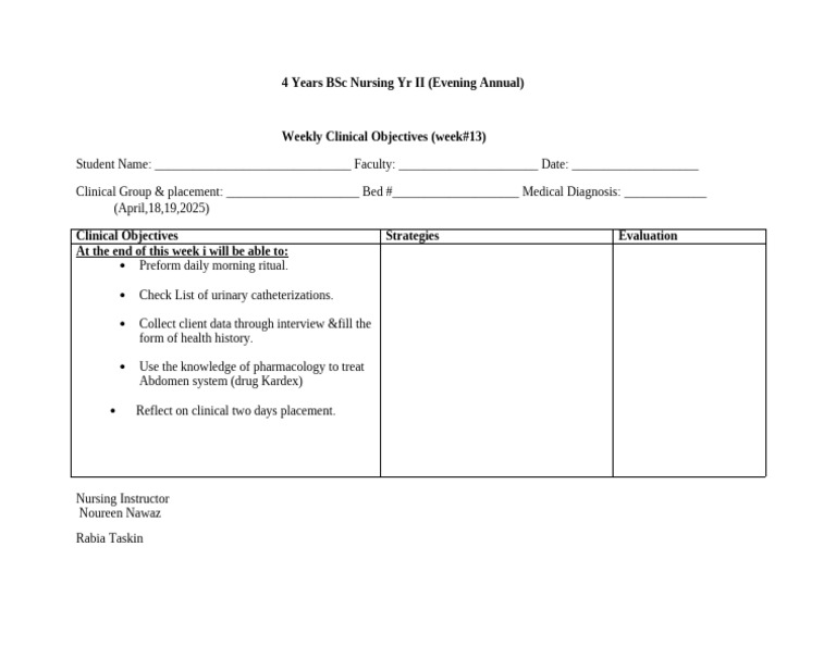 Weekly Clinical Objectives for Nursing Students | PDF