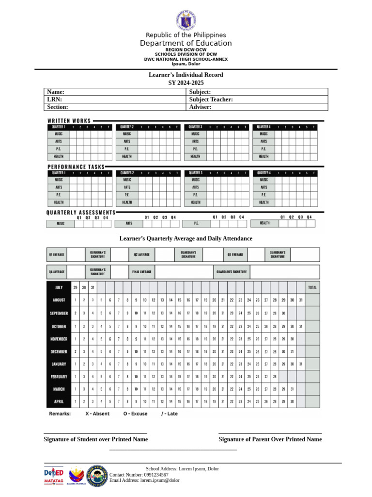 Mapeh Learner Record For Portfolio Pdf 