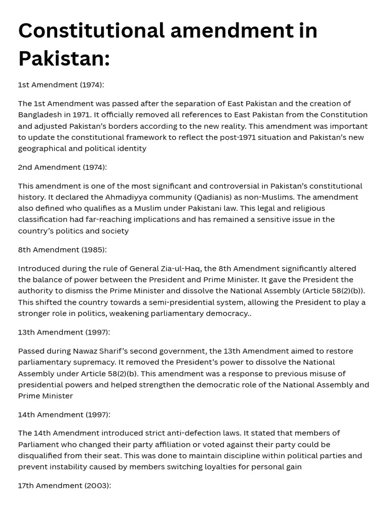 Key Constitutional Amendments in Pakistan | PDF | Federally ...