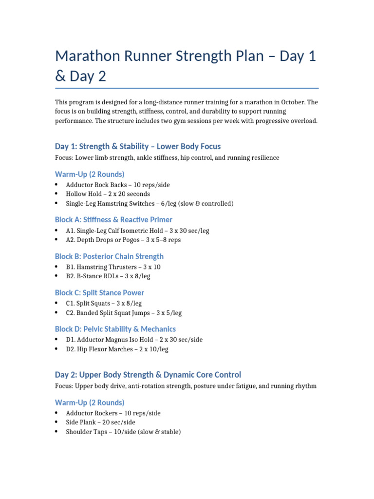 Marathon Strength Training Plan: Days 1-2 | PDF
