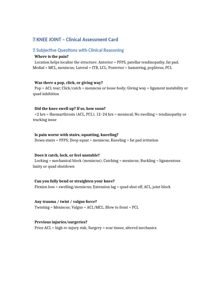 Knee Joint Clinical Assessment Guide | PDF