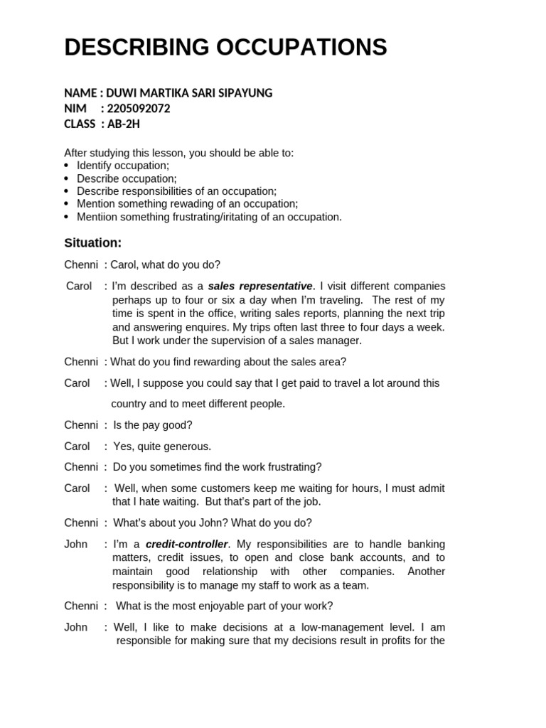 14.describing Occupation - Duwi Martika Sari Sipayung - Ab-2h | PDF ...