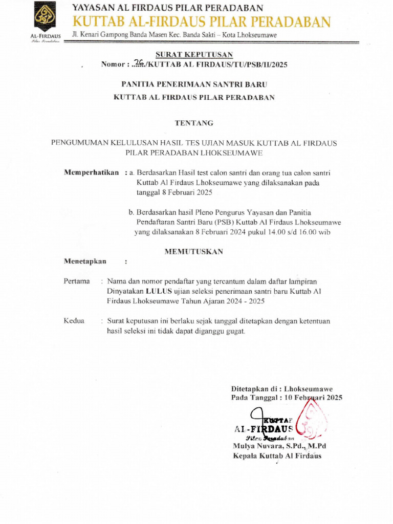 Pengumuman Kelulusan Hasil Tes Ujian Masuk Kuttab Al Firdaus 2025 2026 1