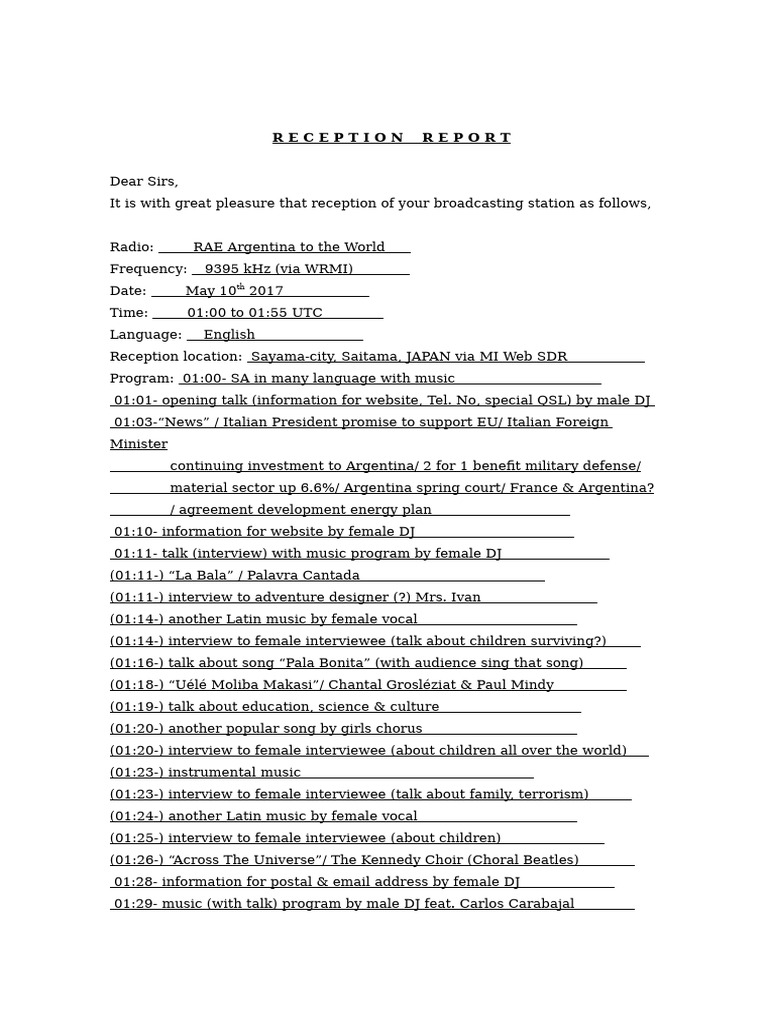 Reception Report | PDF | Radio | Broadcasting