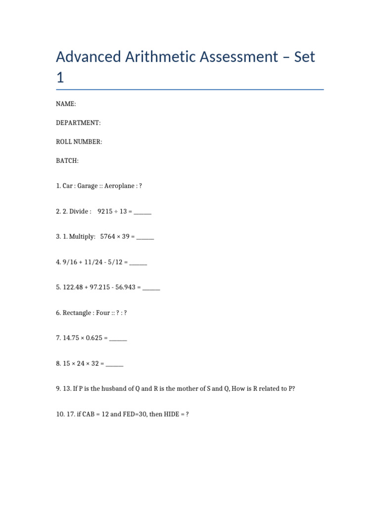Advanced Arithmetic Assessment Set 1 | PDF