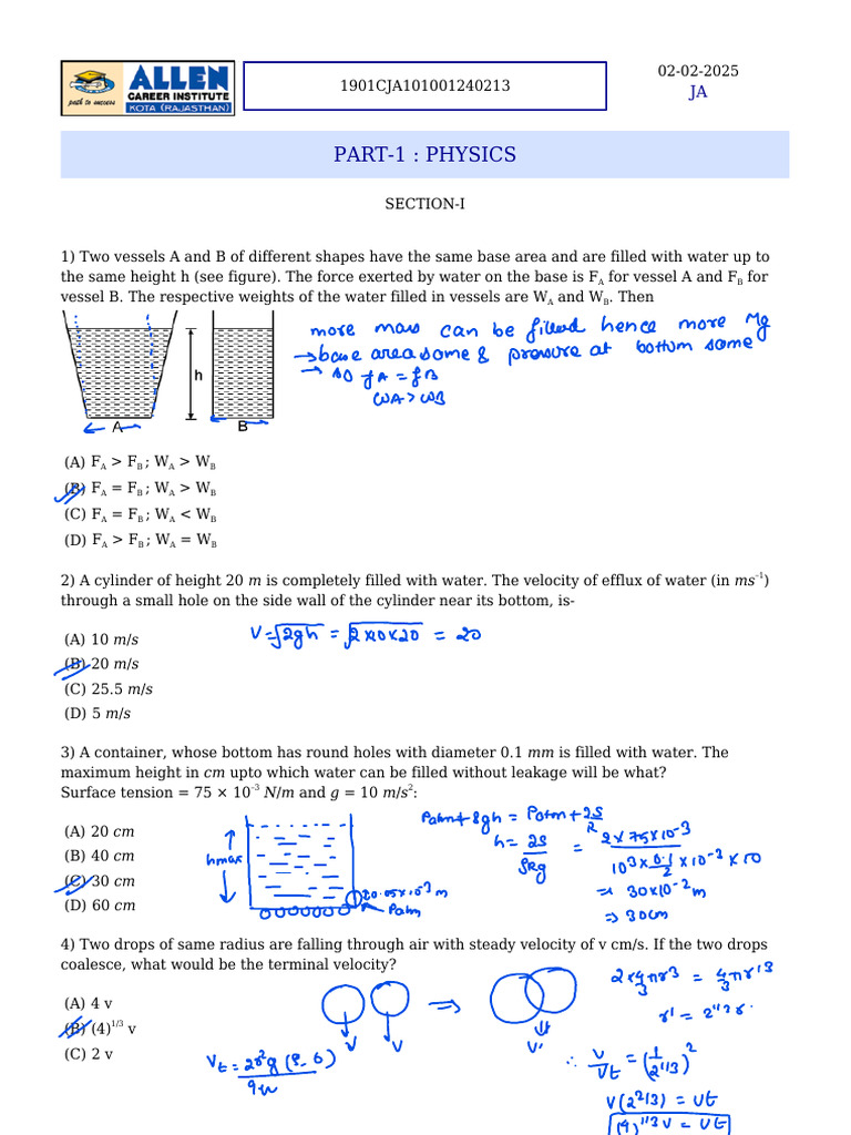 Physics and Chemistry Exam Questions | PDF | Circle | Gases