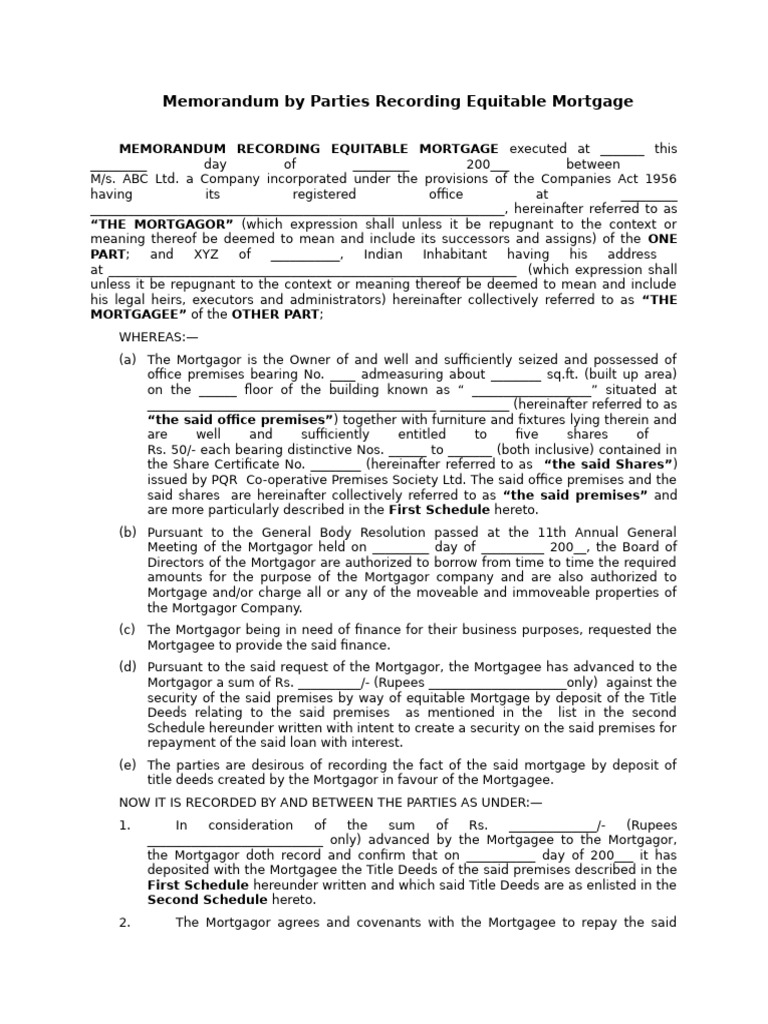 Equitable Mortgage Memorandum Template | PDF | Mortgage Law | Mortgages