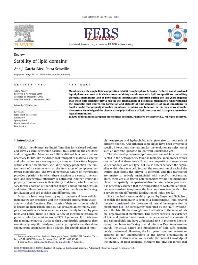 1 s2.0 S0014579309010825 Main | PDF | Cell Membrane | Lipid