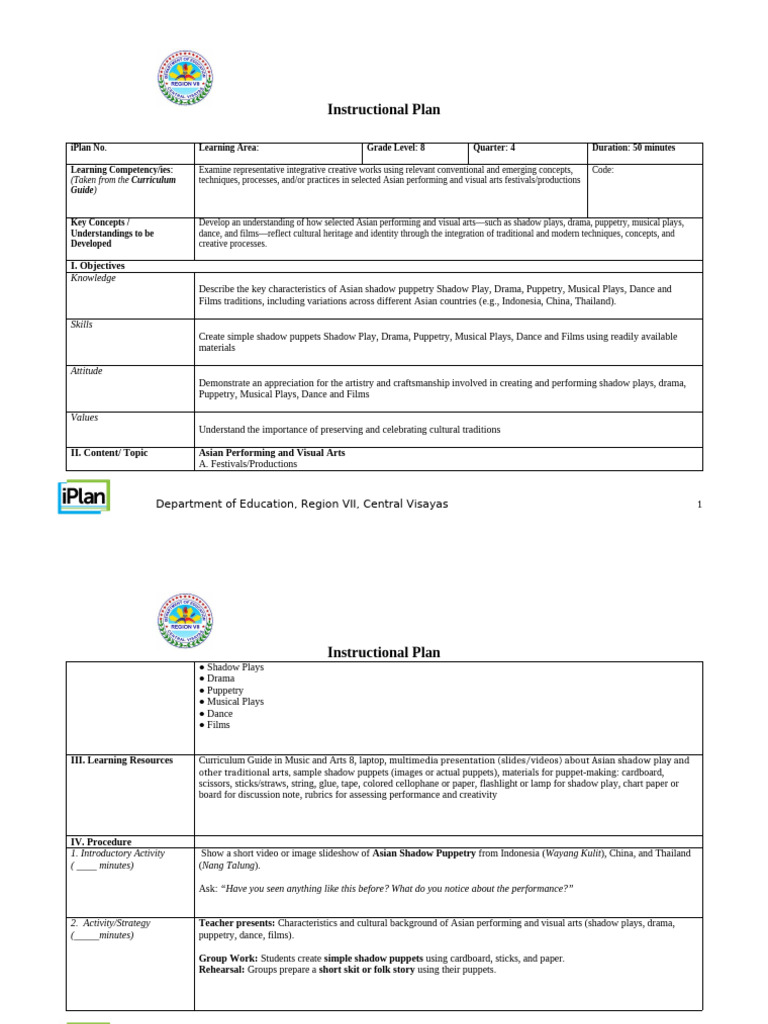 Asian Arts Instructional Plan for Grade 8 | PDF | Puppetry | Puppets