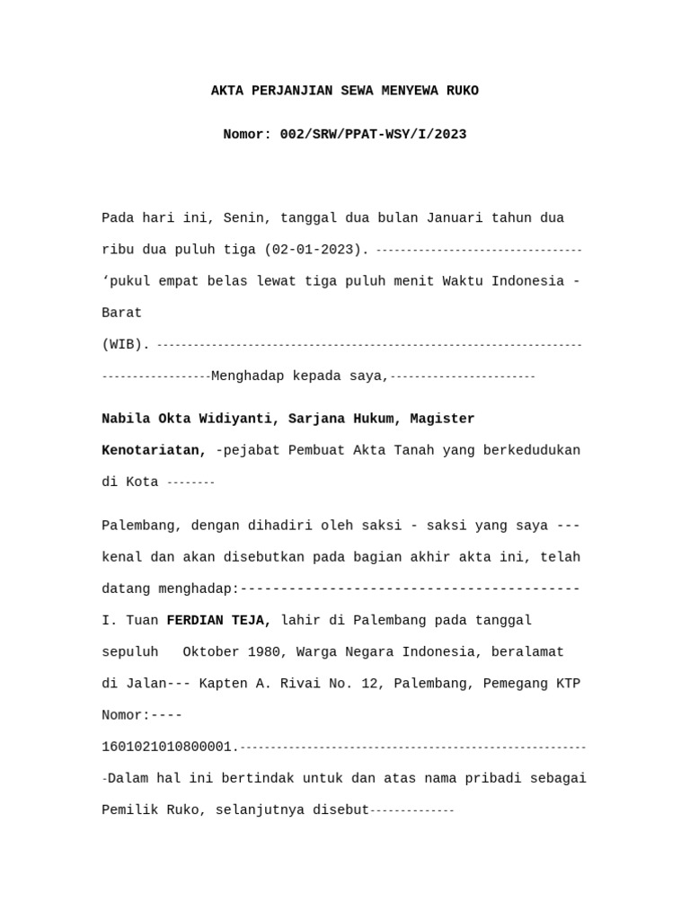 Perjanjian Sewa Ruko Palembang 2023 | PDF