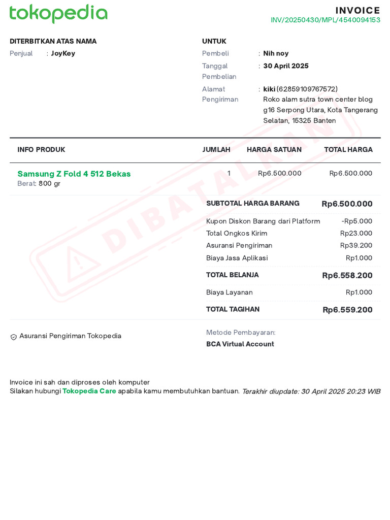 Invoice Pembelian Samsung Z Fold 4 | PDF