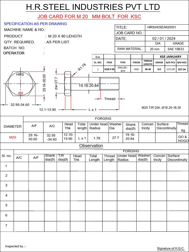 Kse - m20 Bolt 8.8 Job Card Jan & Old | PDF | Screw | Machining