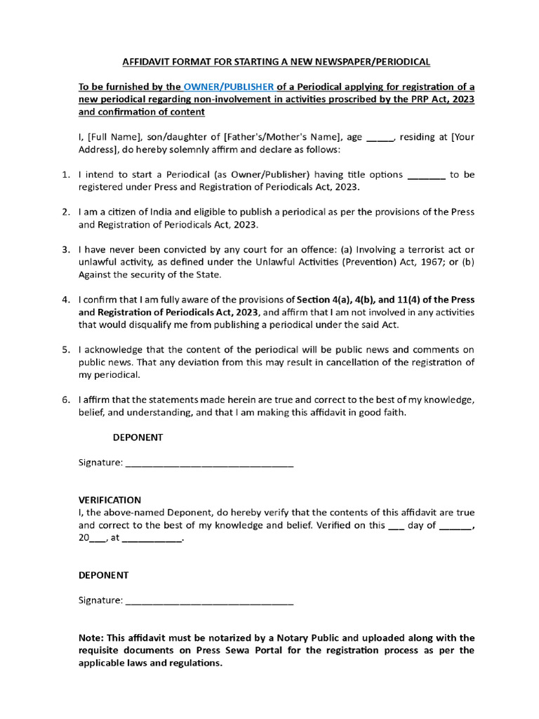 Affidavit Format for New Periodical Registration | PDF