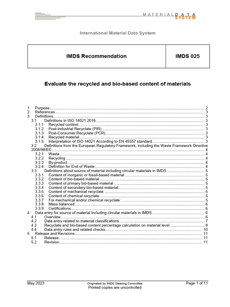 IMDS Recommendation IMDS 025 | PDF | Recycling | Waste