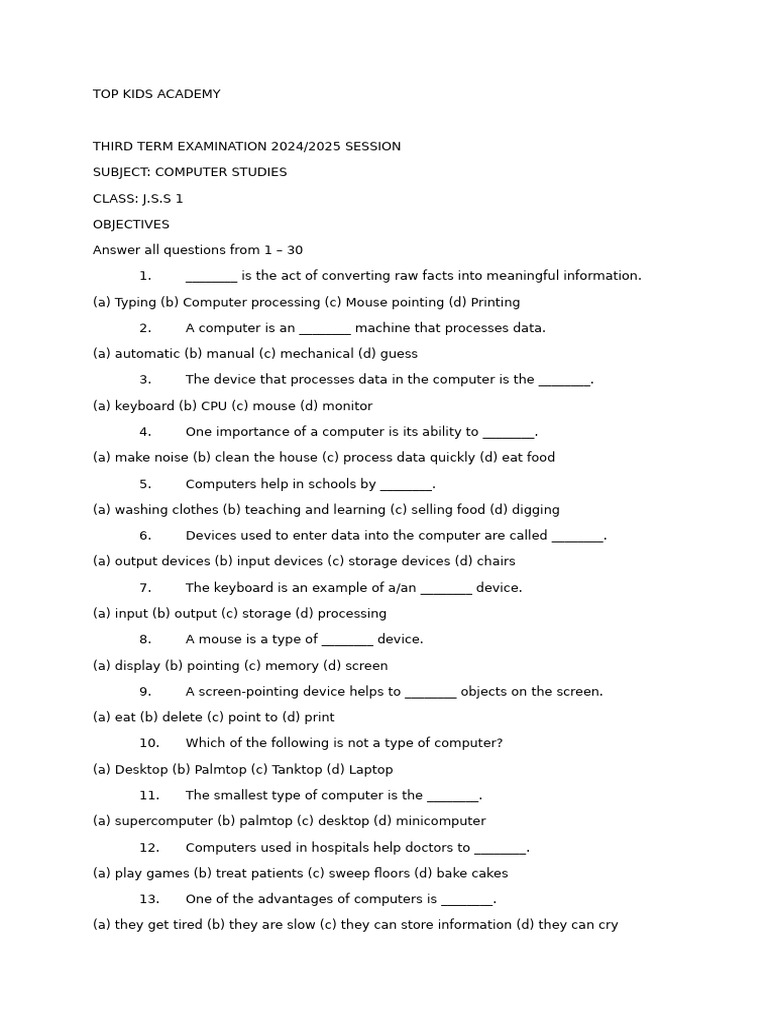 JSS1 Computer Studies Exam Questions | PDF | Input/Output | Computer ...