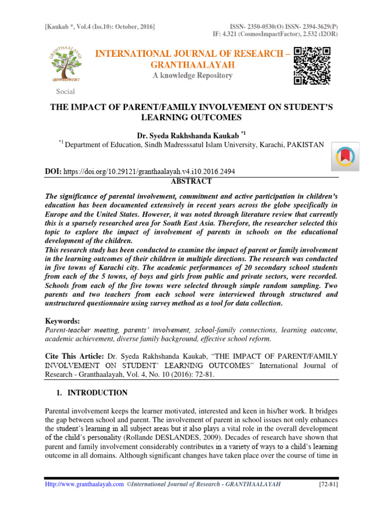 Impact of Family Involvement on Learning | PDF | Teachers | Learning
