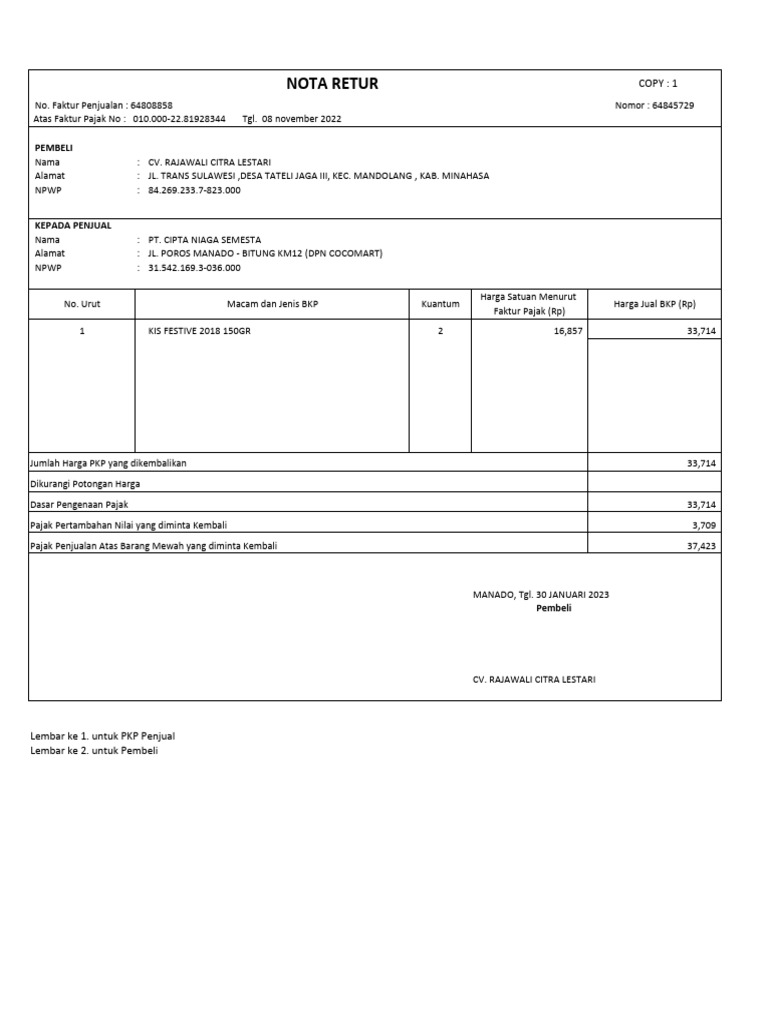 Nota Retur Pembelian CV. Rajawali Citra | PDF