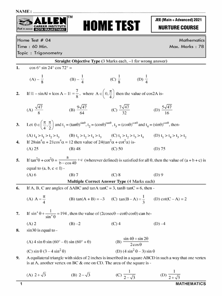 4.home Test (Trigonometry) | PDF