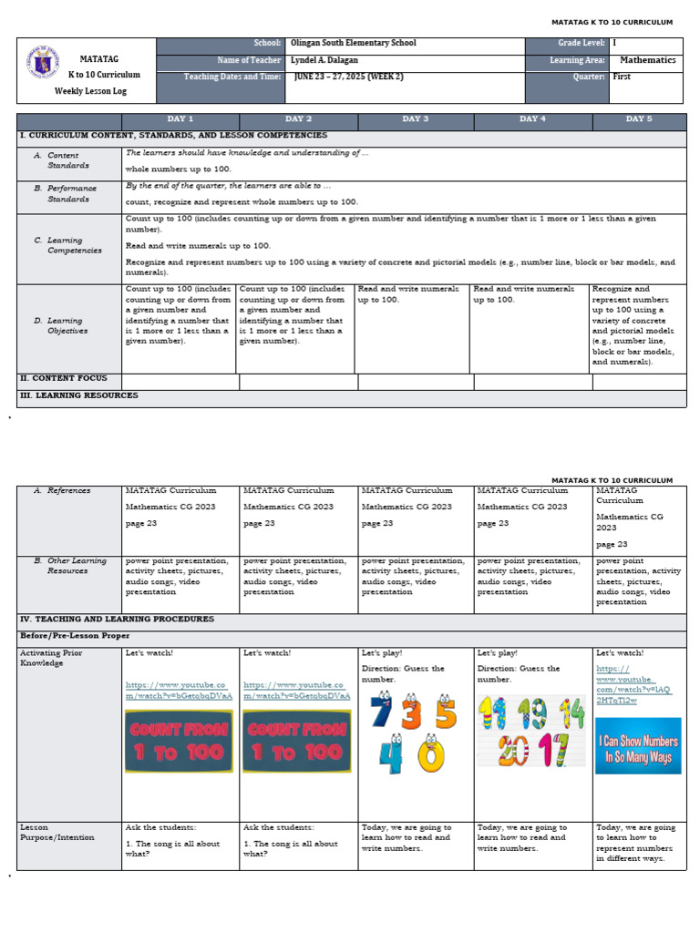 DLL Matatag Mathematics 1 q1 w2 v2 | PDF | Curriculum | Behavior ...