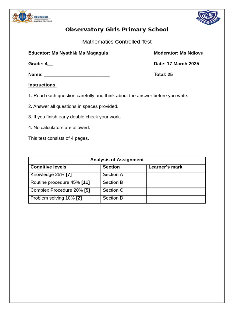 Grade 4 Maths Test - March 2025 | PDF | Mathematics | Learning