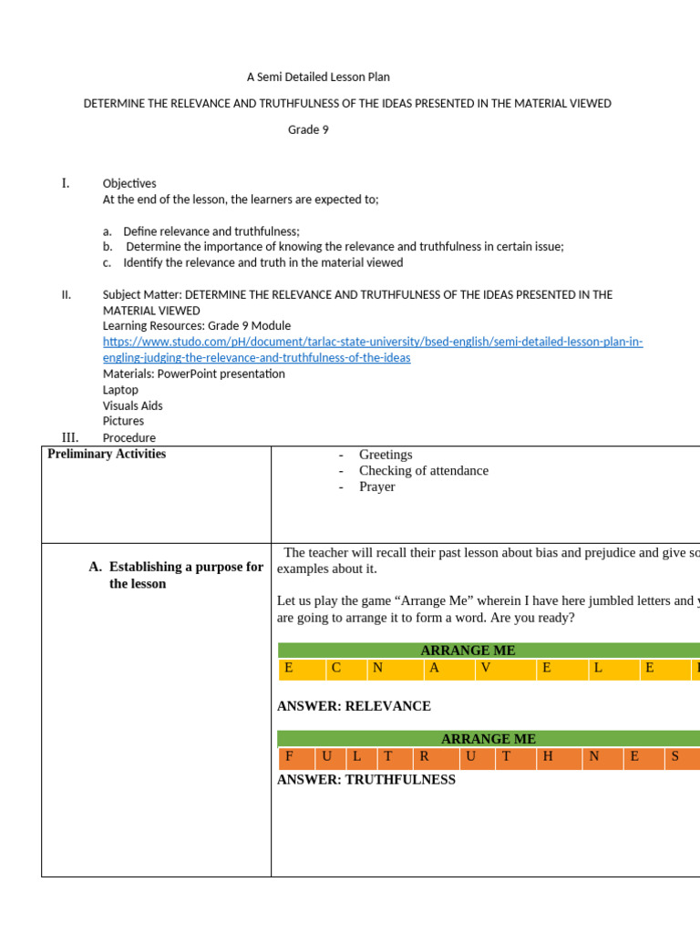 Lesson Plan on Relevance and Truthfulness | PDF | Lesson Plan | Information