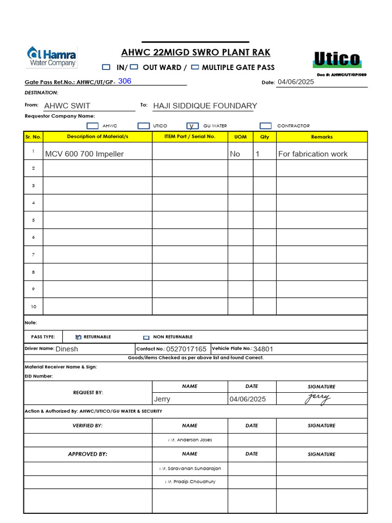 Haji Siddique Foundry Gate Pass Document | PDF