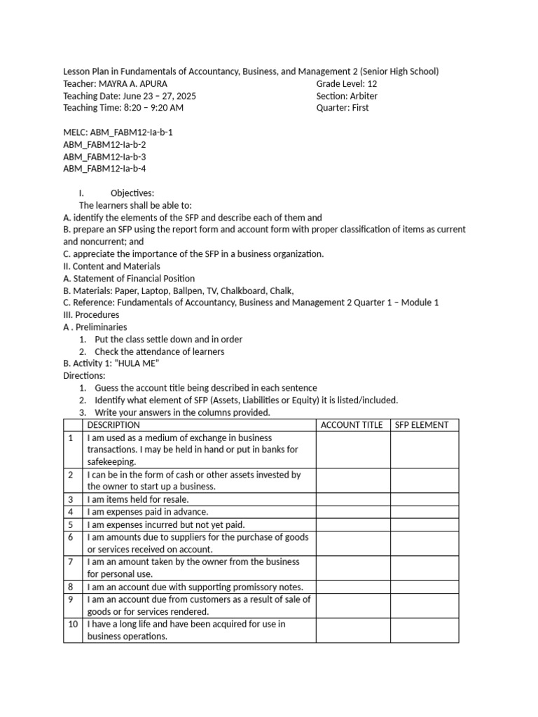 Lesson Plan: Statement of Financial Position | PDF