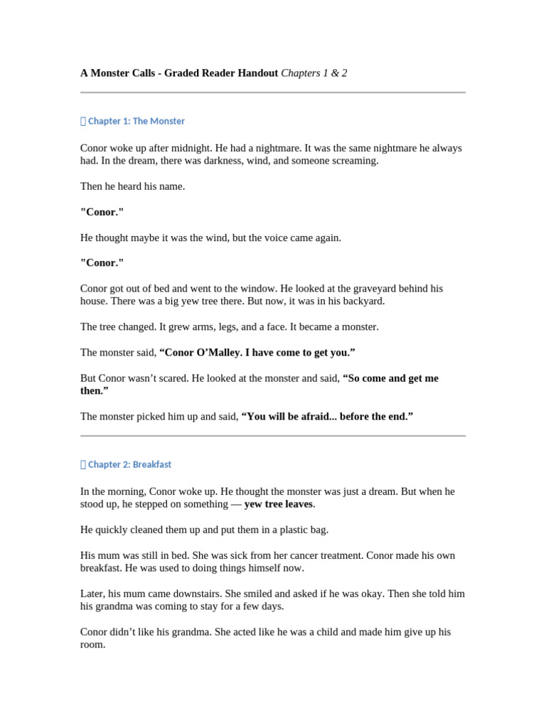 A Monster Calls: Chapters 1 & 2 Summary | PDF