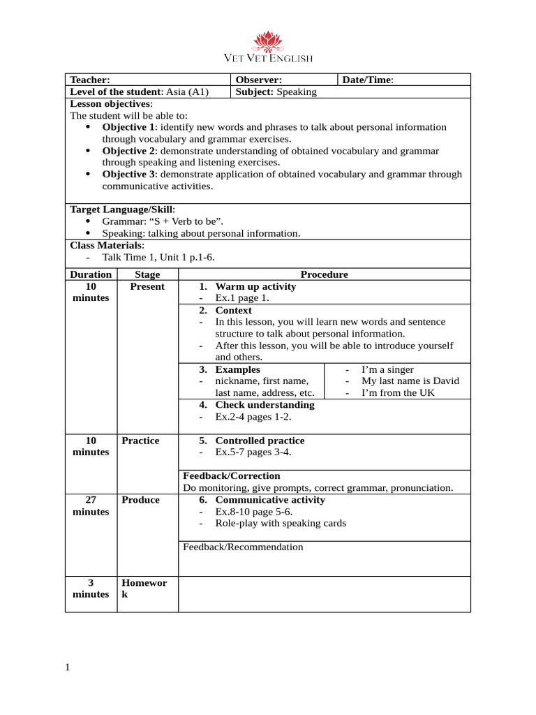 A1-A2 ESL Speaking Lesson Plans | PDF | Second Language | Vocabulary