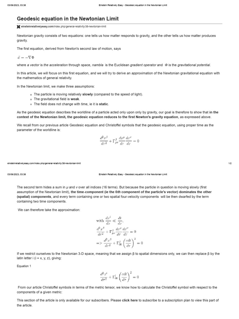 14 - Geodesic Equation in The Newtonian Limit | PDF | Classical ...