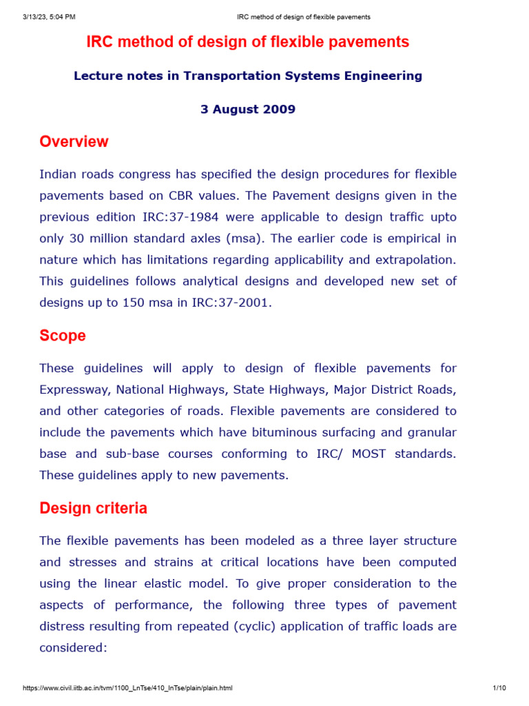 IRC Flexible Pavement Design Guidelines | PDF | Deformation ...
